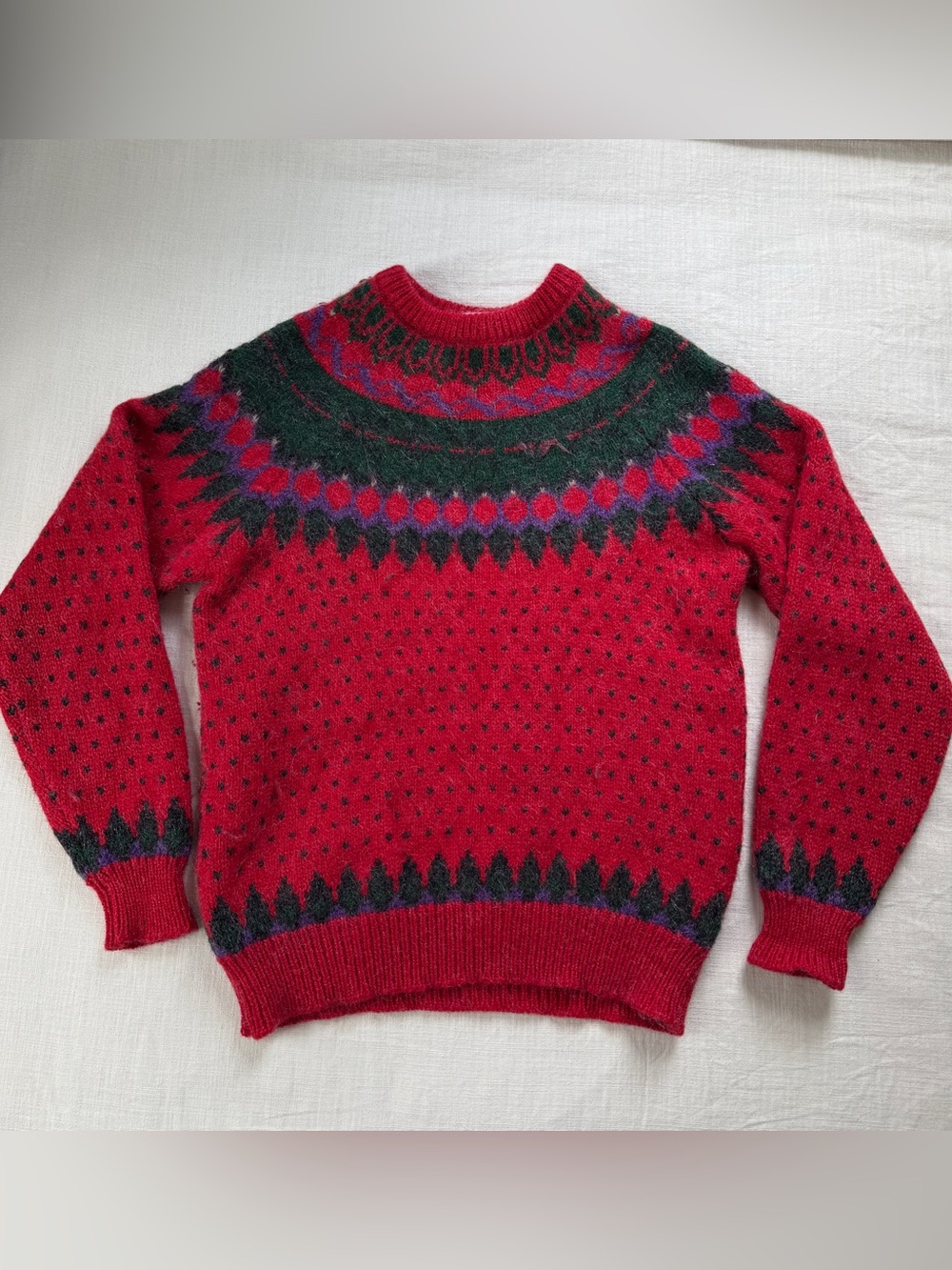 Vintage Woolrich Men’s S Fair Isle Nordic Wool Alpaca Sweater Red Green Purple